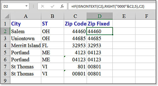 A series of Zip Codes appear in column C. The zip code for Portland Maine is shown as 4123 instead of 04123. A Zip Fixed column uses the formula =IF(ISNONTEXT(C2),RIGHT(“0000”&C5,5),C5).