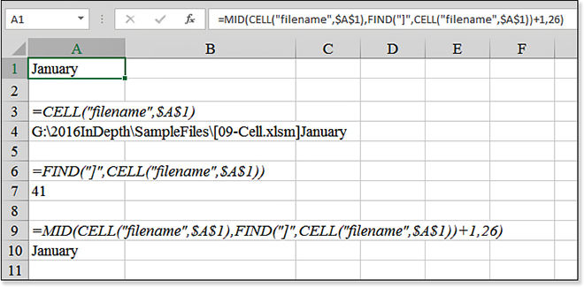 This image builds a rather complex formula to return the worksheet tab name to a cell. The inner part of the formula =CELL(“filename”,$A$1) returns the file path, then the workbook name in square brackets, then the sheet name. By locating the right square bracket using FIND, you can isolate the worksheet name with MID.