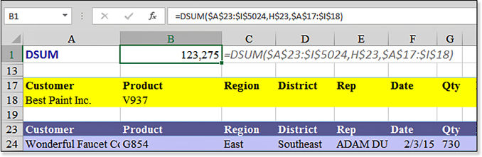 The criteria range specifies one customer in A18 and one product in B18. The DSUM returns the sum of all sales of one particular product to one specific customer.