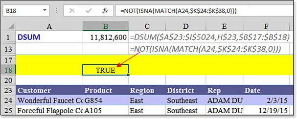 In this image, the first row of the criteria range is completely blank. The second row contains one formula: =NOT(ISNA(MATCH(A24,$K$24:$K$38,0))). In this formula, A24 is the first customer in the database. K24:K38 is not seen but contains a list of customers.
