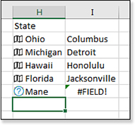 Two states have been changed. Illinois was changed to Hawaii, and the Largest City formula in I4 is now reporting Honolulu. However, when Georgia was replaced with the misspelling of Maine as Mane, the result in I6 is a new error type of #FIELD!.