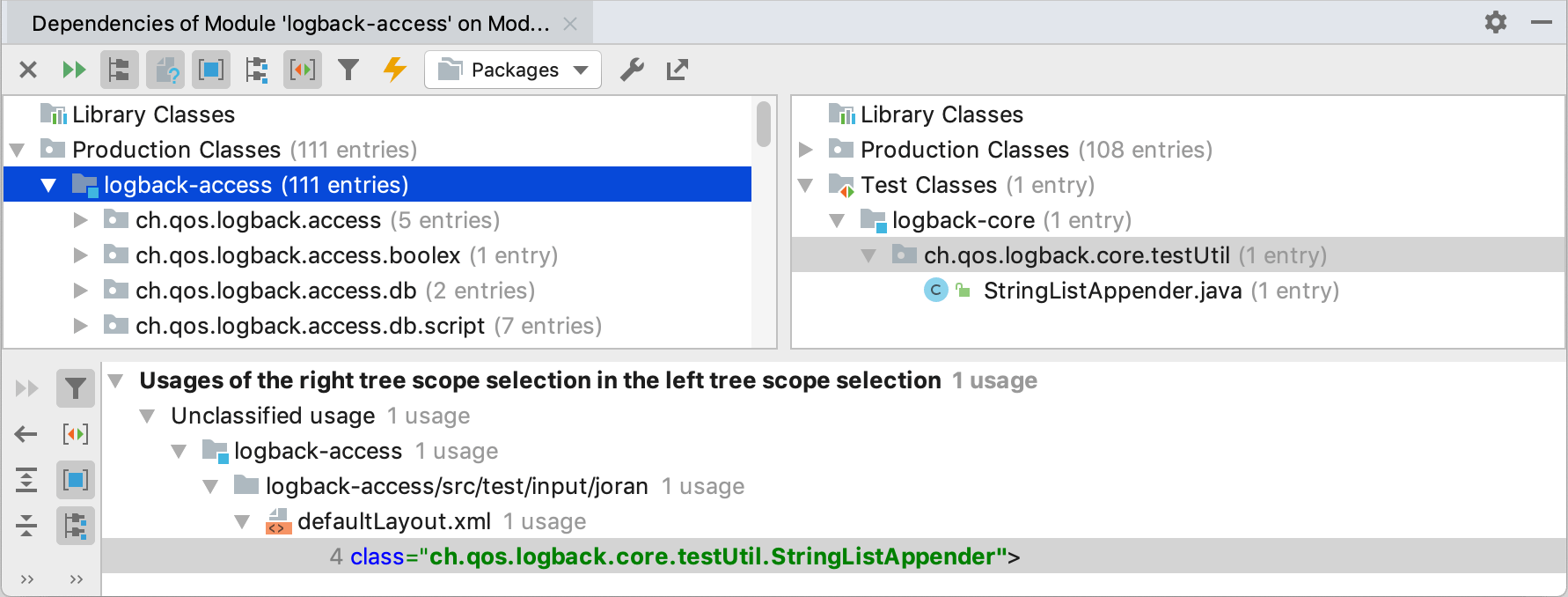 Results of the dependencies analysis in the Dependency Viewer tool window Results of the dependencies analysis in the Dependency Viewer tool window