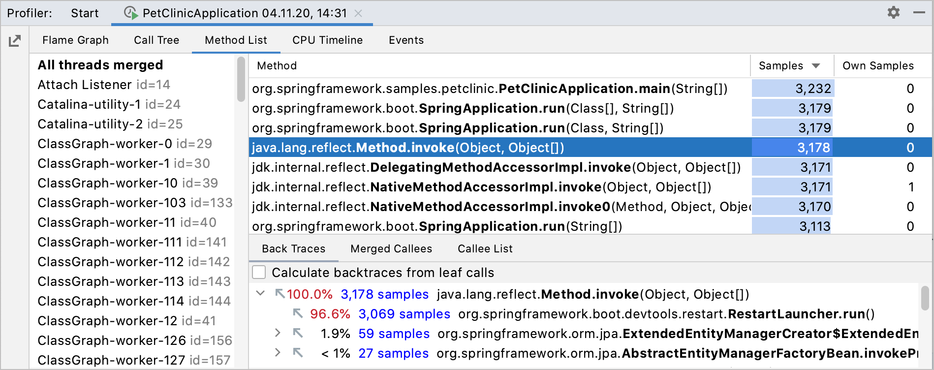 method list tab in the profiler results method list tab in the profiler results
