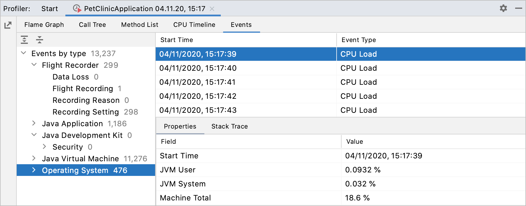 the Events tab on the Profiler tool window the Events tab on the Profiler tool window