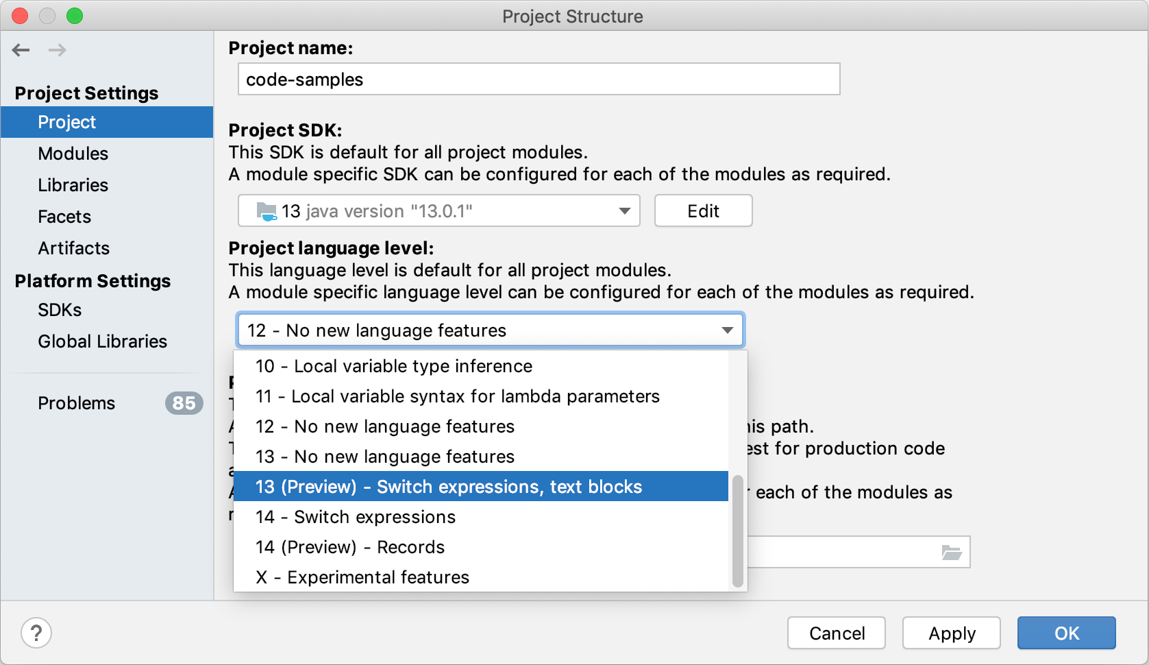 selecting preview features in Language level selecting preview features in Language level