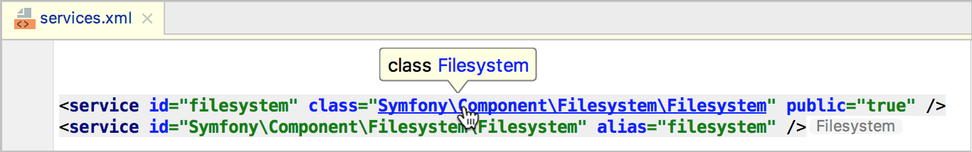 Navigating between Symfony service implementation and declaration Navigating between Symfony service implementation and declaration