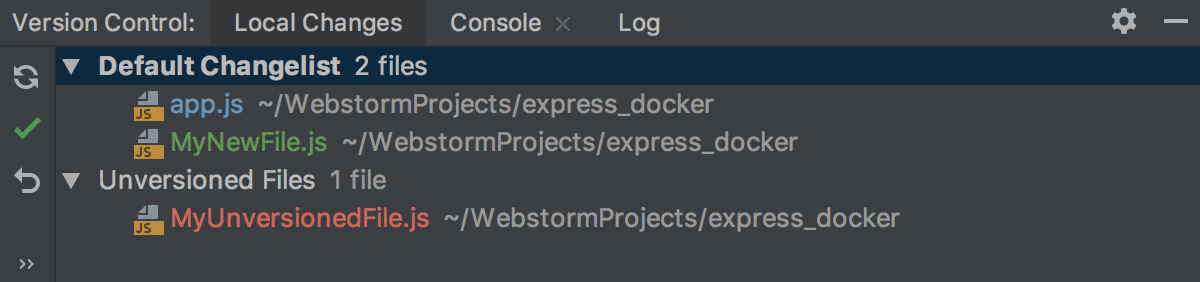 Files with various statuses in the Version Control tool window Files with various statuses in the Version Control tool window