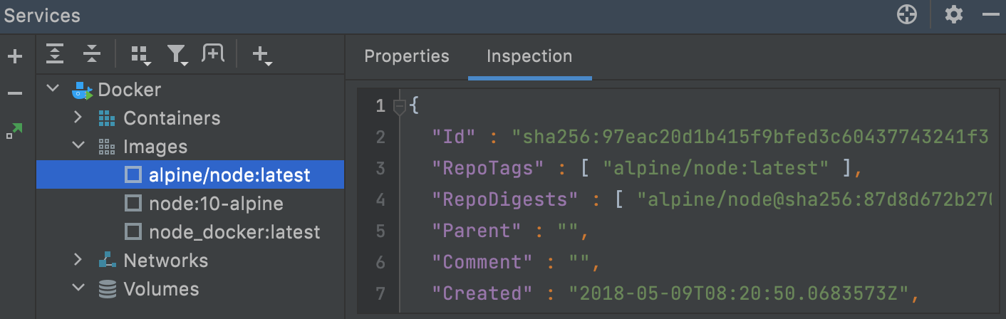 Docker image Inspection tab Docker image Inspection tab