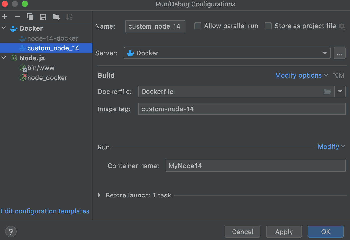 Dockerfile run configuration dialog Dockerfile run configuration dialog