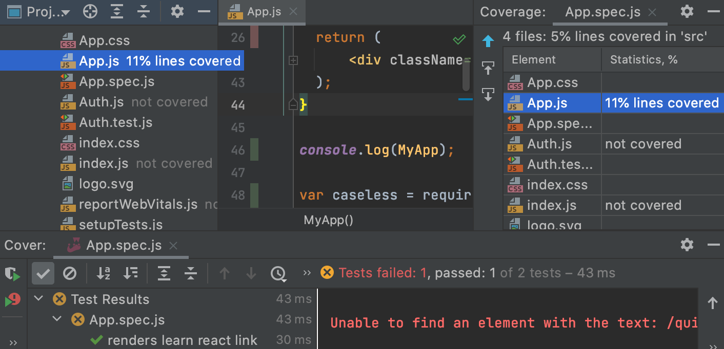 Coverage results in the Coverage tool window, in the editor, and in the Project tool window Coverage results in the Coverage tool window, in the editor, and in the Project tool window