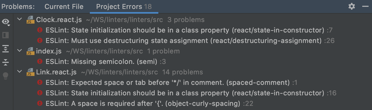 Problems tool window, ESLint. Project Errors tab shows syntax errors in previously opened files across the project Problems tool window, ESLint. Project Errors tab shows syntax errors in previously opened files across the project