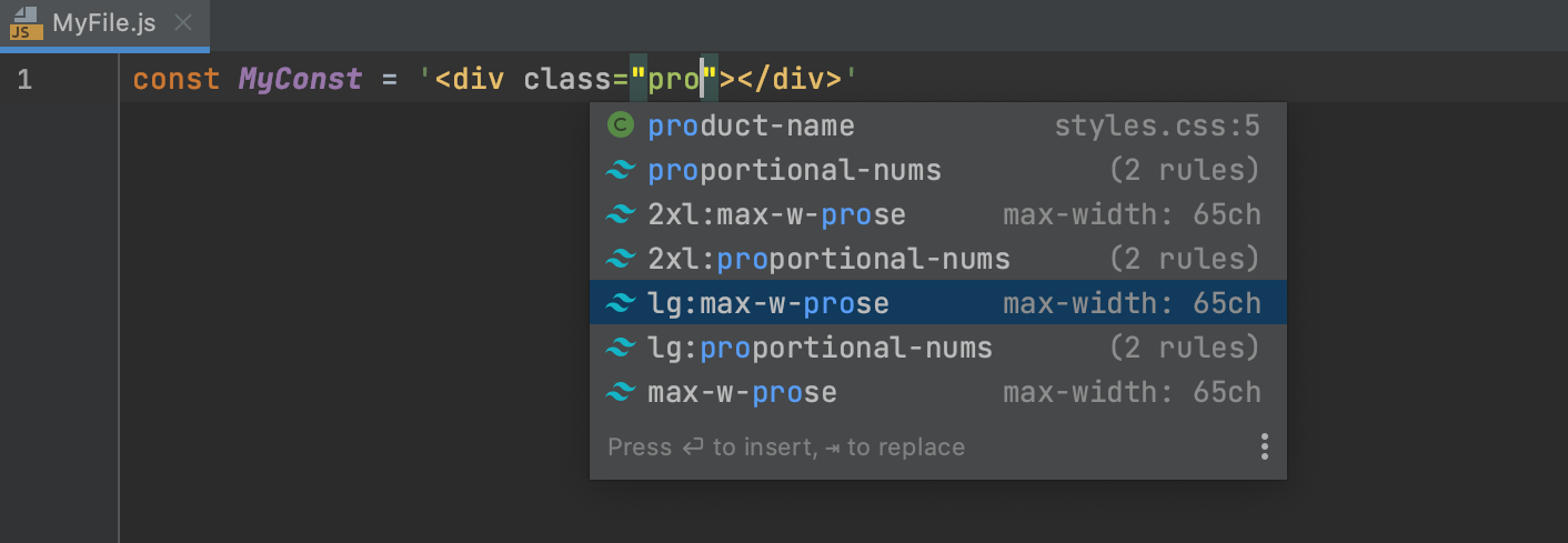 Completion for Tailwind classes in JavaScript string literals Completion for Tailwind classes in JavaScript string literals
