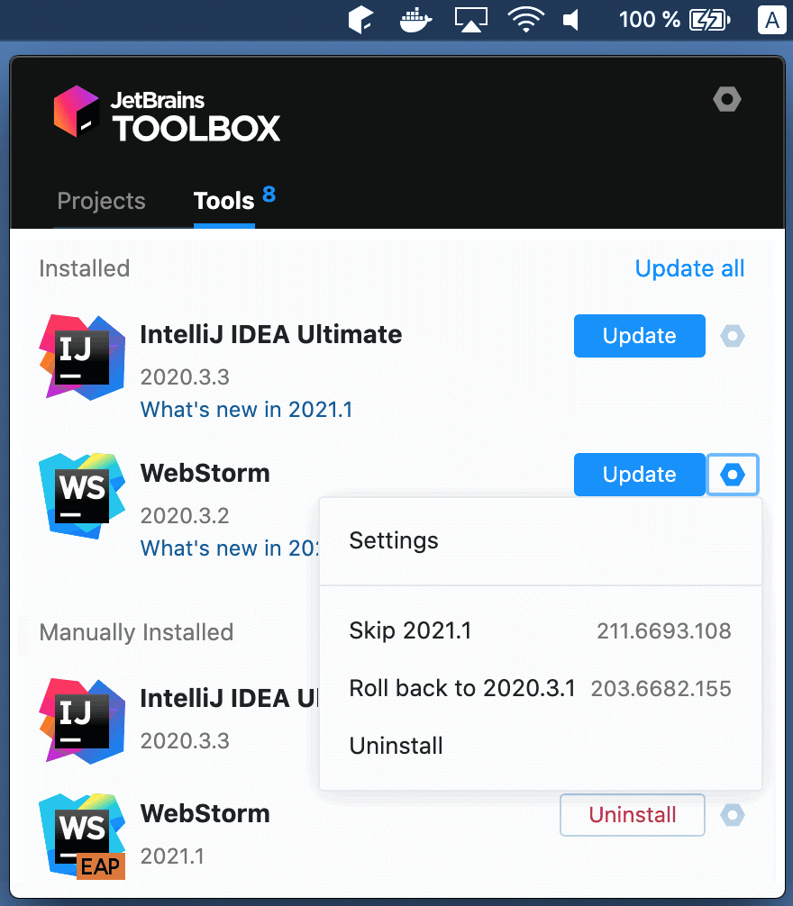 WebStorm in the JetBrains Toolbox App WebStorm in the JetBrains Toolbox App