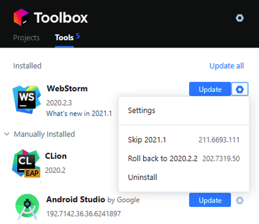 WebStorm in the JetBrains Toolbox App WebStorm in the JetBrains Toolbox App