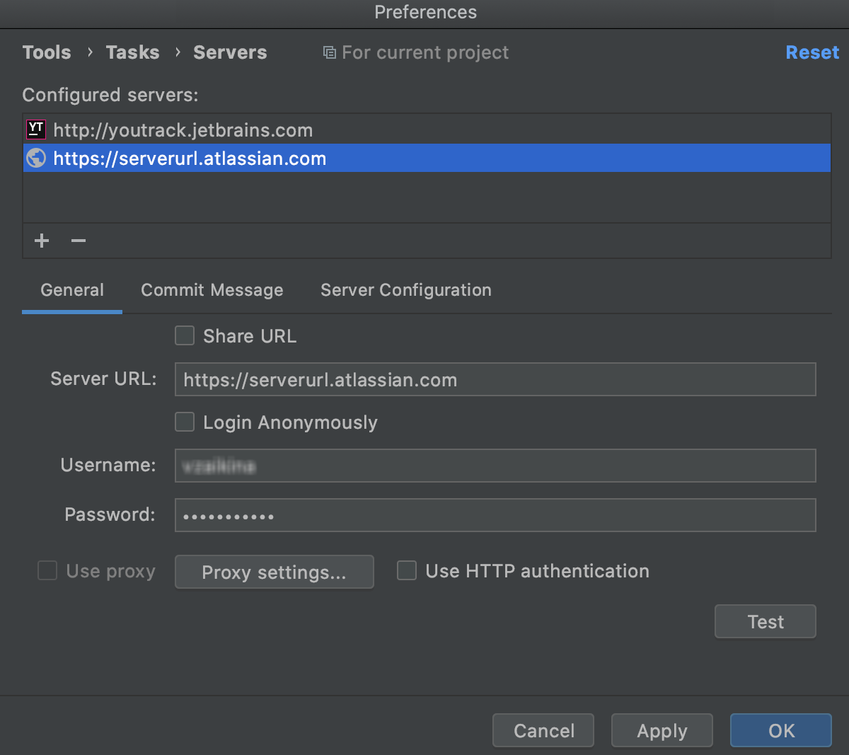 Specifying server URL and credentials Specifying server URL and credentials