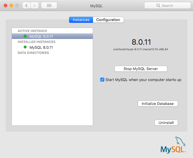 The left side shows a list of MySQL instances separated by "Active Instance", "Installed Instances", and "Data Directories" sections. The right side shows a "Stop MySQL Server" button, a check box titled "Start MySQL when your computer starts up", and "Initialize Database" and "Uninstall" buttons. Several fields reference 8.0.11 as the current installed MySQL version.